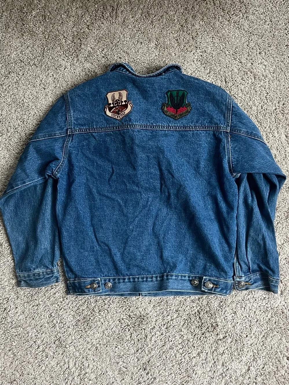 Men's Blue Denim Jacket with Embroidered Chest Patches